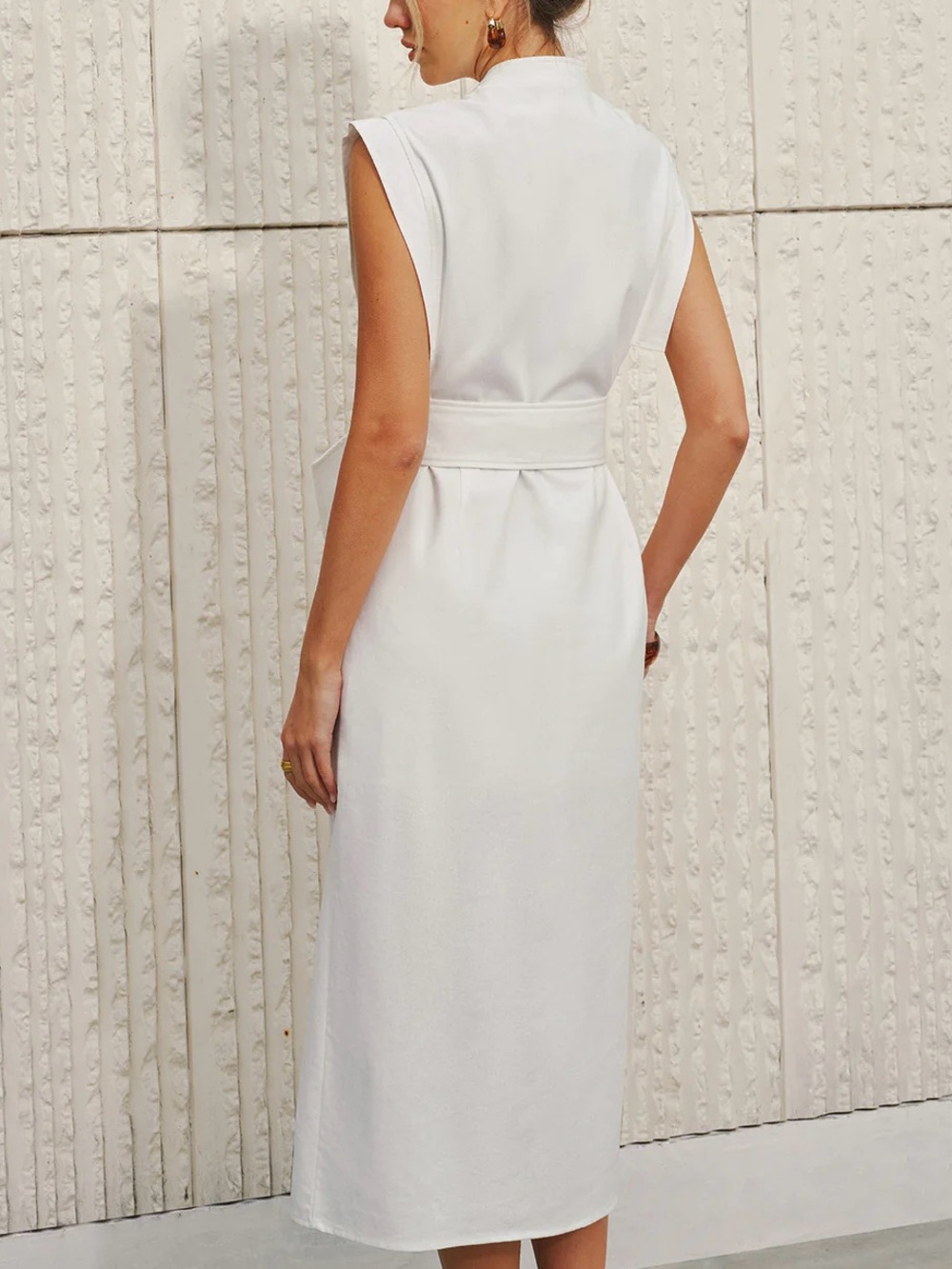 Commense White Linen Blend V Neck Bow Belt Midi Dress Slit NWT Small - Picture 2 of 15